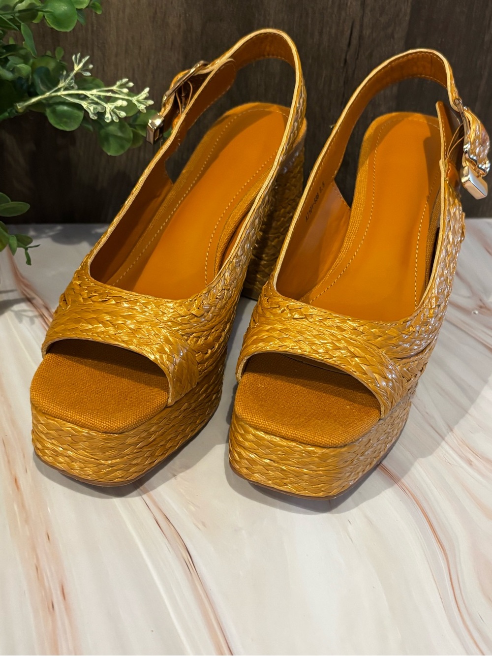 Woven Platform Slingback Heels in Mustard Yellow